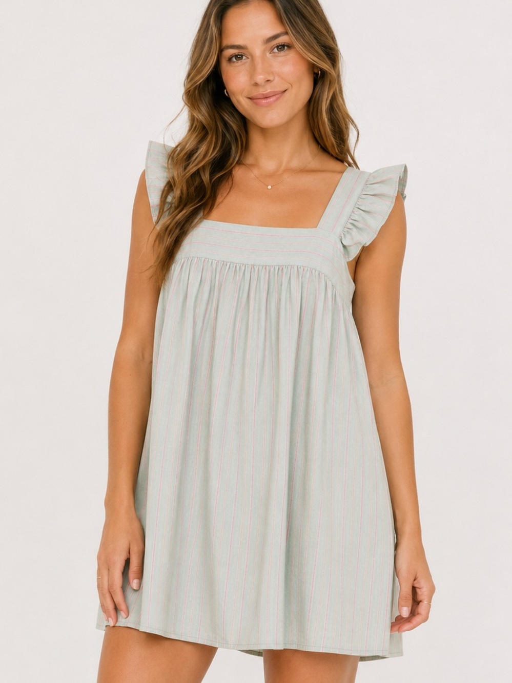 Maree Maree Sage Green Pink Pinstripe Babydoll Dress Size M Ruffle Straps